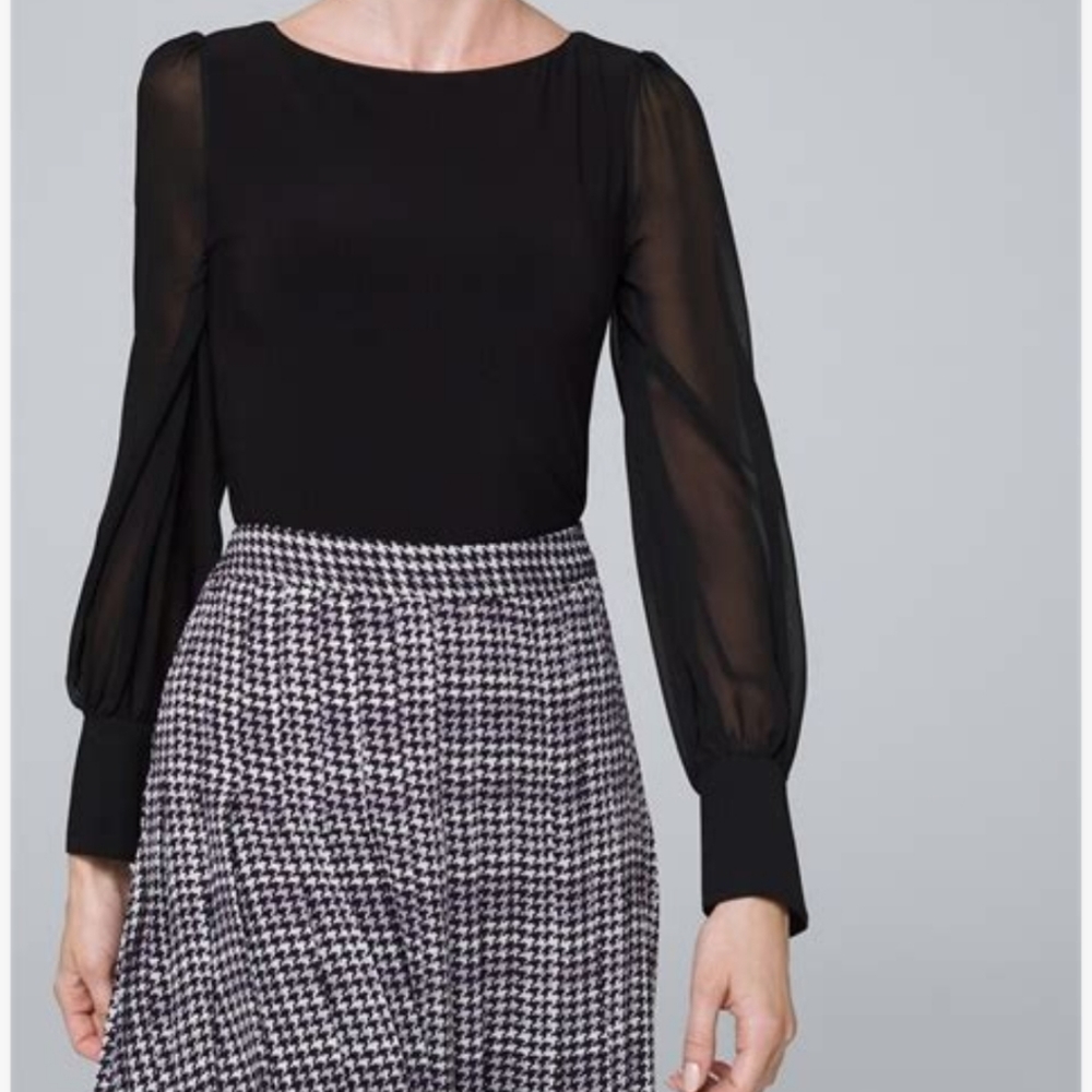 White House Black Market Chiffon Sleeve Boatneck Top Blouse